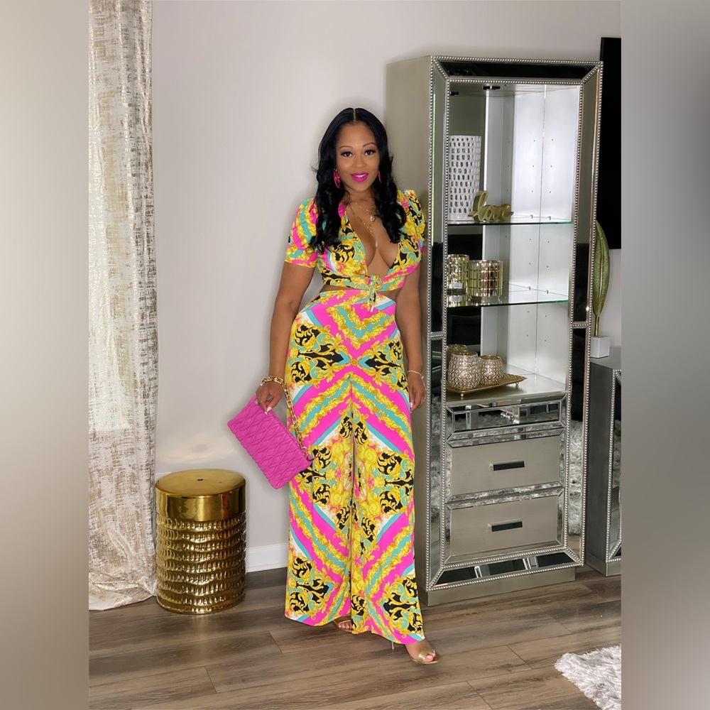 NWTO Vibrant Baroque Puff Sleeve Cutout Wide Leg Jumpsuit